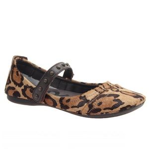 OTBT Gamine Leopard Print Calf Hair Mary
Jane Ballet Flats with Studded Strap